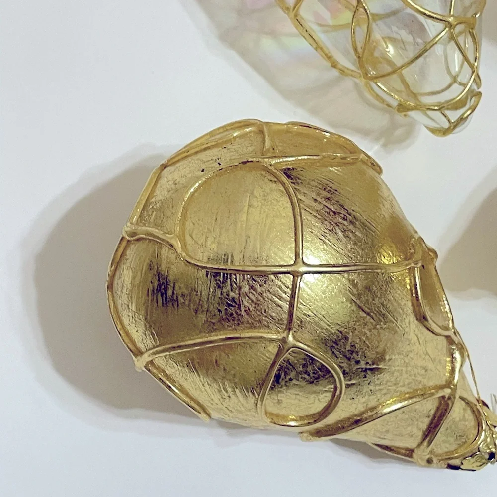VINTAGE SILVESTRI Large Gold Clear Frosted Glass Deco Tree Ornaments Set of 6